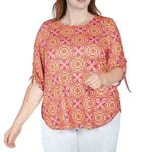 Larky Lark Scoop Neck Elbow Sleeve Shirt Womens 3X Red Yellow Boho